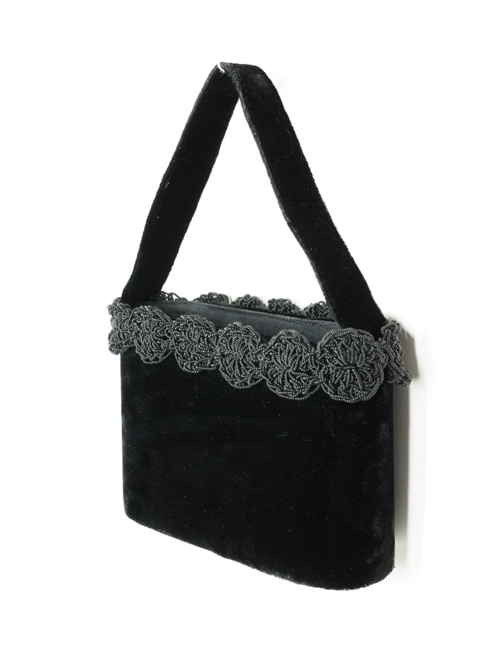 Black Velvet Velour Seed Micro Bead Bucket Bag vintage 50s mid century 60s